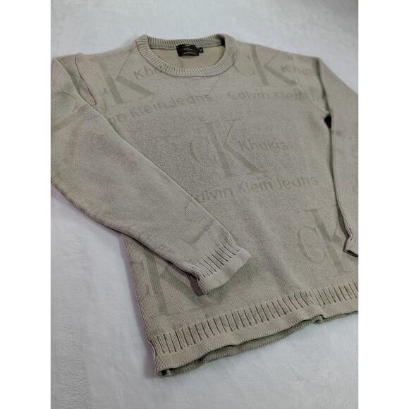 Cotton Crewneck Sweater Medium by Calvin Klein Jeans Khakis Embossed 90s/Y2K VTG - Picture 3 of 9